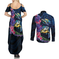Hawaiian Plumeria and Hibiscus with Turtles Couples Matching Summer Maxi Dress and Long Sleeve Button Shirt Polynesian Art Dark Cyan Color LT03 - Polynesian Pride