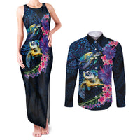 Hawaiian Plumeria and Hibiscus with Turtles Couples Matching Tank Maxi Dress and Long Sleeve Button Shirt Polynesian Art Dark Cyan Color LT03 Dark Cyan - Polynesian Pride