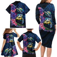 Hawaiian Plumeria and Hibiscus with Turtles Family Matching Long Sleeve Bodycon Dress and Hawaiian Shirt Polynesian Art Dark Cyan Color LT03 - Polynesian Pride