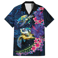 Hawaiian Plumeria and Hibiscus with Turtles Family Matching Long Sleeve Bodycon Dress and Hawaiian Shirt Polynesian Art Dark Cyan Color LT03 Dad's Shirt - Short Sleeve Dark Cyan - Polynesian Pride