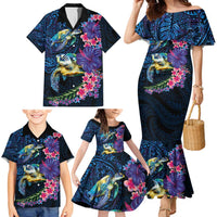 Hawaiian Plumeria and Hibiscus with Turtles Family Matching Mermaid Dress and Hawaiian Shirt Polynesian Art Dark Cyan Color LT03 - Polynesian Pride