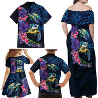 Hawaiian Plumeria and Hibiscus with Turtles Family Matching Off Shoulder Maxi Dress and Hawaiian Shirt Polynesian Art Dark Cyan Color LT03 - Polynesian Pride
