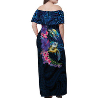 Hawaiian Plumeria and Hibiscus with Turtles Family Matching Off Shoulder Maxi Dress and Hawaiian Shirt Polynesian Art Dark Cyan Color LT03 - Polynesian Pride