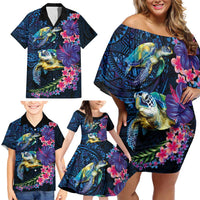 Hawaiian Plumeria and Hibiscus with Turtles Family Matching Off Shoulder Short Dress and Hawaiian Shirt Polynesian Art Dark Cyan Color LT03 - Polynesian Pride