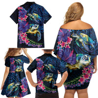 Hawaiian Plumeria and Hibiscus with Turtles Family Matching Off Shoulder Short Dress and Hawaiian Shirt Polynesian Art Dark Cyan Color LT03 - Polynesian Pride
