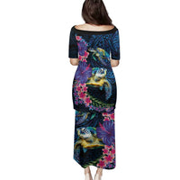 Hawaiian Plumeria and Hibiscus with Turtles Family Matching Puletasi and Hawaiian Shirt Polynesian Art Dark Cyan Color LT03 - Polynesian Pride