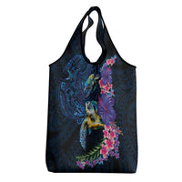 Hawaiian Plumeria and Hibiscus with Turtles Grocery Bag Polynesian Art Dark Cyan Color LT03 - Polynesian Pride