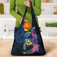 Hawaiian Plumeria and Hibiscus with Turtles Grocery Bag Polynesian Art Dark Cyan Color LT03 - Polynesian Pride