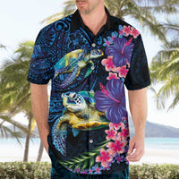 Hawaiian Plumeria and Hibiscus with Turtles Hawaiian Shirt Polynesian Art Dark Cyan Color LT03 - Polynesian Pride