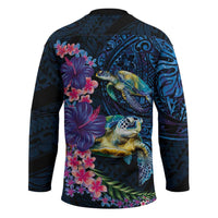 Hawaiian Plumeria and Hibiscus with Turtles Hockey Jersey Polynesian Art Dark Cyan Color LT03 - Polynesian Pride