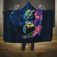 Hawaiian Plumeria and Hibiscus with Turtles Hooded Blanket Polynesian Art Dark Cyan Color LT03 - Polynesian Pride