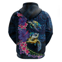 Hawaiian Plumeria and Hibiscus with Turtles Hoodie Polynesian Art Dark Cyan Color LT03 - Polynesian Pride