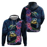 Hawaiian Plumeria and Hibiscus with Turtles Hoodie Polynesian Art Dark Cyan Color LT03 - Polynesian Pride