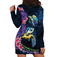 Hawaiian Plumeria and Hibiscus with Turtles Hoodie Dress Polynesian Art Dark Cyan Color LT03 - Polynesian Pride
