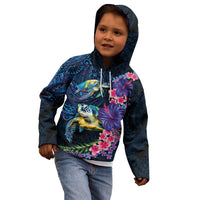 Hawaiian Plumeria and Hibiscus with Turtles Kid Hoodie Polynesian Art Dark Cyan Color - Polynesian Pride