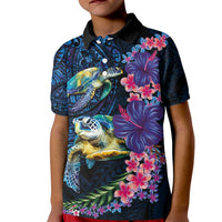 Hawaiian Plumeria and Hibiscus with Turtles Kid Polo Shirt Polynesian Art Dark Cyan Color LT03 Kid Dark Cyan - Polynesian Pride