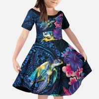 Hawaiian Plumeria and Hibiscus with Turtles Kid Short Sleeve Dress Polynesian Art Dark Cyan Color LT03 KID Dark Cyan - Polynesian Pride