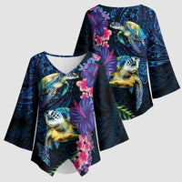 Hawaiian Plumeria and Hibiscus with Turtles Kimono Sleeve Blouse Polynesian Art Dark Cyan Color LT03 - Polynesian Pride