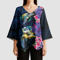Hawaiian Plumeria and Hibiscus with Turtles Kimono Sleeve Blouse Polynesian Art Dark Cyan Color LT03 - Polynesian Pride