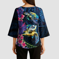Hawaiian Plumeria and Hibiscus with Turtles Kimono Sleeve Blouse Polynesian Art Dark Cyan Color LT03 - Polynesian Pride
