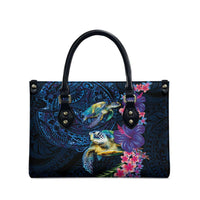 Hawaiian Plumeria and Hibiscus with Turtles Leather Bag Polynesian Art Dark Cyan Color LT03 - Polynesian Pride