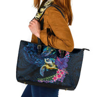 Hawaiian Plumeria and Hibiscus with Turtles Leather Tote Bag Polynesian Art Dark Cyan Color LT03 Dark Cyan - Polynesian Pride