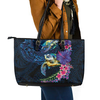 Hawaiian Plumeria and Hibiscus with Turtles Leather Tote Bag Polynesian Art Dark Cyan Color LT03 - Polynesian Pride