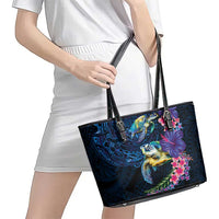 Hawaiian Plumeria and Hibiscus with Turtles Leather Tote Bag Polynesian Art Dark Cyan Color LT03 - Polynesian Pride