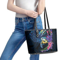 Hawaiian Plumeria and Hibiscus with Turtles Leather Tote Bag Polynesian Art Dark Cyan Color LT03 - Polynesian Pride