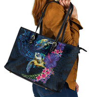 Hawaiian Plumeria and Hibiscus with Turtles Leather Tote Bag Polynesian Art Dark Cyan Color LT03 - Polynesian Pride