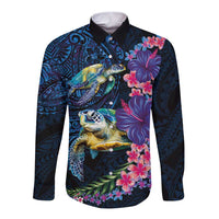 Hawaiian Plumeria and Hibiscus with Turtles Long Sleeve Button Shirt Polynesian Art Dark Cyan Color LT03 Unisex Dark Cyan - Polynesian Pride