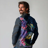 Hawaiian Plumeria and Hibiscus with Turtles Long Sleeve Polo Shirt Polynesian Art Dark Cyan Color LT03 - Polynesian Pride