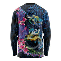 Hawaiian Plumeria and Hibiscus with Turtles Long Sleeve Shirt Polynesian Art Dark Cyan Color LT03 - Polynesian Pride