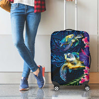 Hawaiian Plumeria and Hibiscus with Turtles Luggage Cover Polynesian Art Dark Cyan Color LT03 - Polynesian Pride