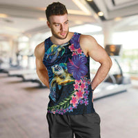 Hawaiian Plumeria and Hibiscus with Turtles Men Tank Top Polynesian Art Dark Cyan Color LT03 Dark Cyan - Polynesian Pride
