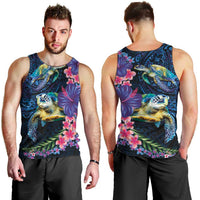 Hawaiian Plumeria and Hibiscus with Turtles Men Tank Top Polynesian Art Dark Cyan Color LT03 - Polynesian Pride