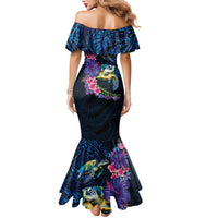 Hawaiian Plumeria and Hibiscus with Turtles Mermaid Dress Polynesian Art Dark Cyan Color LT03 - Polynesian Pride