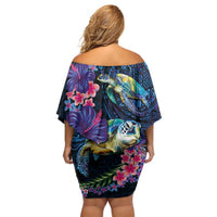 Hawaiian Plumeria and Hibiscus with Turtles Off Shoulder Short Dress Polynesian Art Dark Cyan Color LT03 - Polynesian Pride