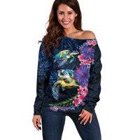 Hawaiian Plumeria and Hibiscus with Turtles Off Shoulder Sweater Polynesian Art Dark Cyan Color LT03 Women Dark Cyan - Polynesian Pride