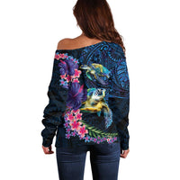 Hawaiian Plumeria and Hibiscus with Turtles Off Shoulder Sweater Polynesian Art Dark Cyan Color LT03 - Polynesian Pride