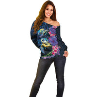 Hawaiian Plumeria and Hibiscus with Turtles Off Shoulder Sweater Polynesian Art Dark Cyan Color LT03 - Polynesian Pride