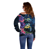 Hawaiian Plumeria and Hibiscus with Turtles Off Shoulder Sweater Polynesian Art Dark Cyan Color LT03 - Polynesian Pride