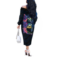 Hawaiian Plumeria and Hibiscus with Turtles Off The Shoulder Long Sleeve Dress Polynesian Art Dark Cyan Color LT03 - Polynesian Pride