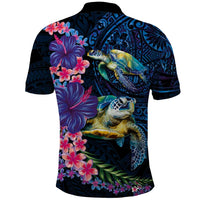 Hawaiian Plumeria and Hibiscus with Turtles Polo Shirt Polynesian Art Dark Cyan Color LT03 - Polynesian Pride