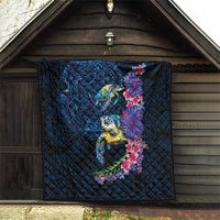 Hawaiian Plumeria and Hibiscus with Turtles Quilt Polynesian Art Dark Cyan Color LT03 - Polynesian Pride