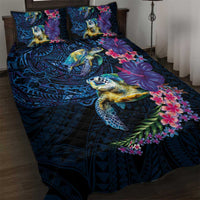 Hawaiian Plumeria and Hibiscus with Turtles Quilt Bed Set Polynesian Art Dark Cyan Color LT03 Dark Cyan - Polynesian Pride