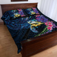 Hawaiian Plumeria and Hibiscus with Turtles Quilt Bed Set Polynesian Art Dark Cyan Color LT03 - Polynesian Pride
