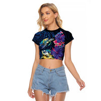 Hawaiian Plumeria and Hibiscus with Turtles Raglan Cropped T Shirt Polynesian Art Dark Cyan Color LT03 Female Dark Cyan - Polynesian Pride