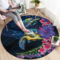 Hawaiian Plumeria and Hibiscus with Turtles Round Carpet Polynesian Art Dark Cyan Color LT03 - Polynesian Pride
