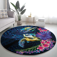 Hawaiian Plumeria and Hibiscus with Turtles Round Carpet Polynesian Art Dark Cyan Color LT03 - Polynesian Pride